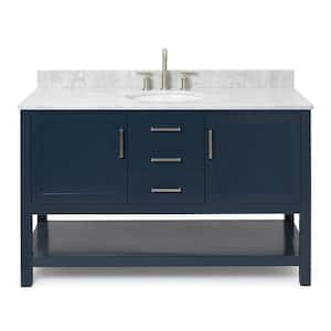 Bayhill 55 in. W x 22 in. D x 35.25 in. H Freestanding Bath Vanity in Midnight Blue with Carrara White Marble Top