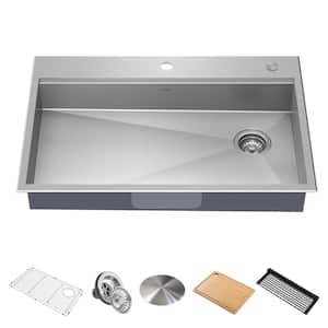 Kore 33 in. Drop-In Single Bowl 16 Gauge Stainless Steel Kitchen ADA Workstation Sink with Accessories