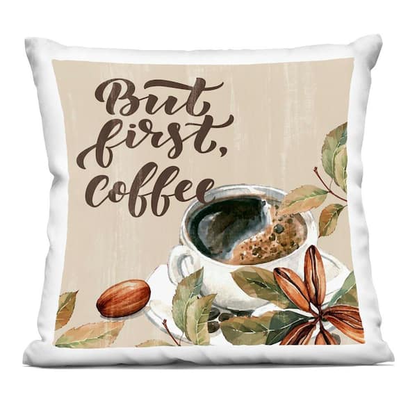 Stupell Industries Rustic But First Coffee Beige Abstract Polyester 18 in. x 18 in. Throw Pillow