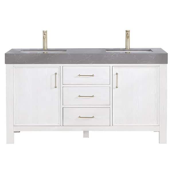 ROSWELL León 60 in.W x 22 in.D x 34 in.H Double Sink Bath Vanity in Fir Wood White with Grey Composite Stone Top