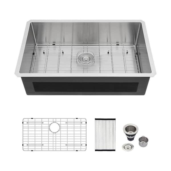 33 in. Undermount Sink Single Bowl 16-Gauge Brushed Stainless Steel Kitchen Sink with Bottom Grid