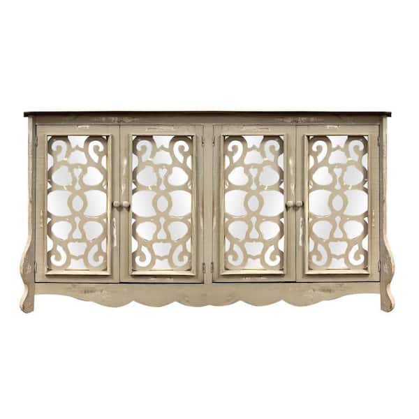 THE URBAN PORT Antique White and Silver Storage Console with 4-Doors and Scrolled Mirror Trim