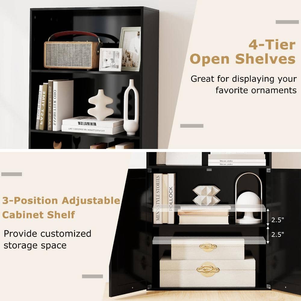Close-up of the 4-tier open shelves and the 3-position adjustable cabinet shelf.