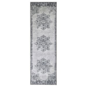 Decklan Grey 2 ft. 7 in. x 8 ft. Traditional Floral Nylon Non-Slip Area Rug