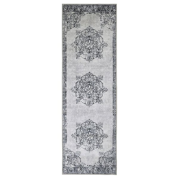 SUPERIOR Decklan Grey 2 ft. 7 in. x 8 ft. Traditional Floral Nylon Non-Slip Area Rug