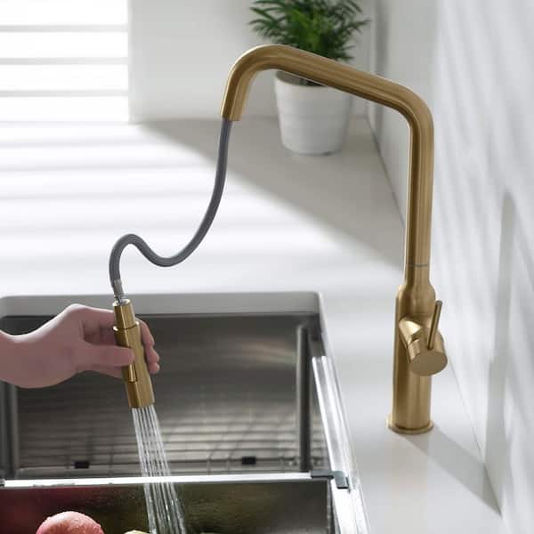 Brushed Brass 17.07 in. H Pull Down Sprayer Kitchen Faucet With 360 ° Spout Swivel