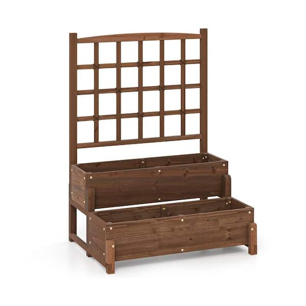 Rustic Brown Fir Wood Raised Garden Bed with Trellis 2-tier Wood Planter Box with Drainage Holes