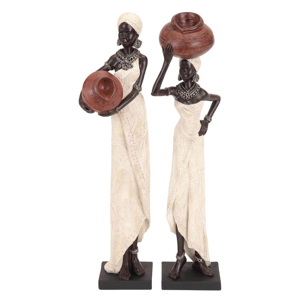 16" Cream Resin African Woman Figurines with Red Water Pots, Set of 2