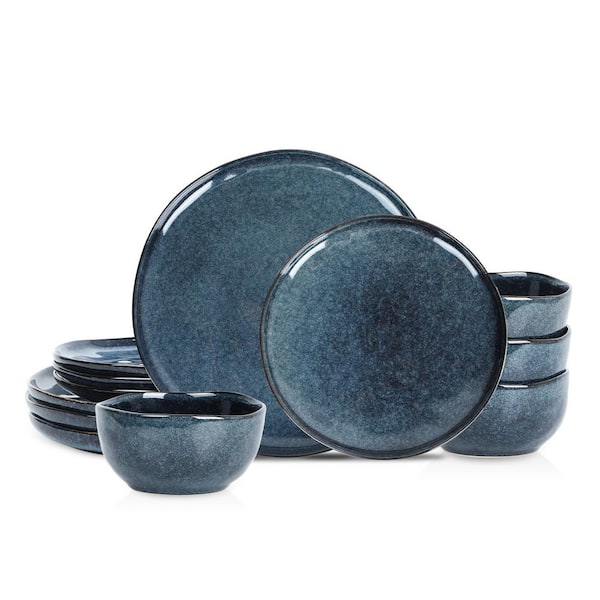 STONE LAIN Mirella 12-Piece Blue Stoneware Dinnerware Set (Service for 4)