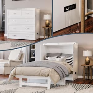 Vivian White Solid Wood Frame Twin XL Murphy Bed with Built-in Charging Station