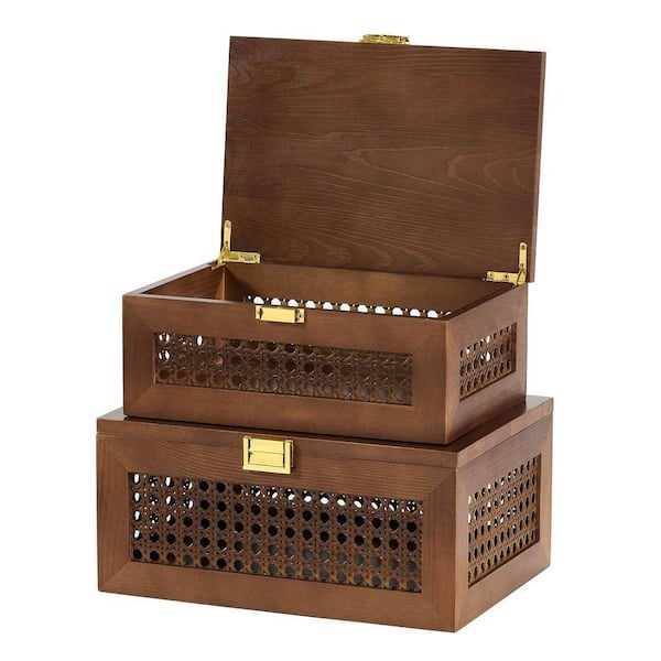 Walnut 11 in. x 8 in. Wood Decorative Basket Rattan Storage Boxes Set ...