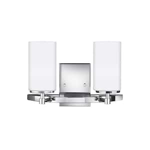 Alturas 13.5 in. 2-Light Chrome Modern Contemporary Wall Bathroom Vanity Light with Satin Etched Glass Shades
