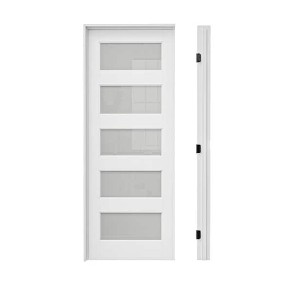28 in. x 80 in. 5-Lite Frosted Glass Right Hand White Solid Core Glass Single Prehung Interior Door+ Quick Assemble Jamb