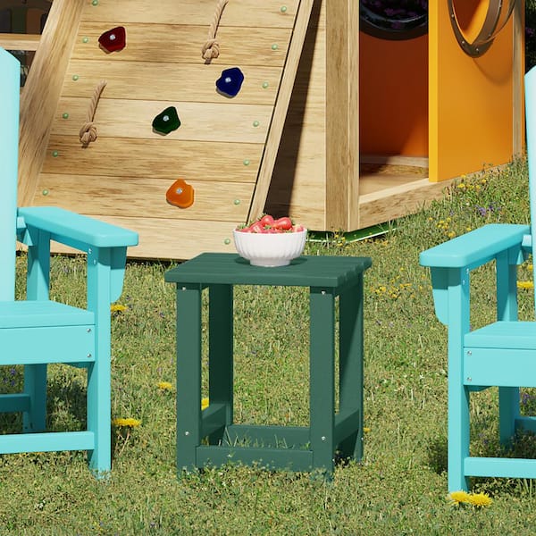 Children's Laguna Outdoor Patio All Weather Fade Resistant Kids Poly Plastic Adirondack Square Side Table in Dark Green
