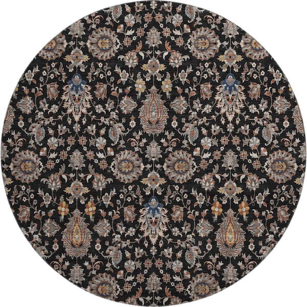 Mayfield Premium Machine Washable Abstract AMF2192 Black 8 ft. x 8 ft. Round Rug