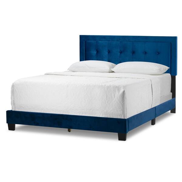 Glamour Home Austin Navy Blue Velvety Fabric Queen Bed with Button Tufting and Stitching