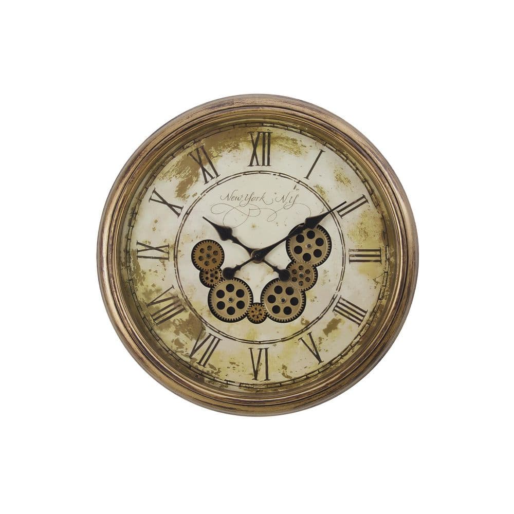 23 in. Antique Brown Round Wall Clock with Moving Bronze Gears, Roman ...