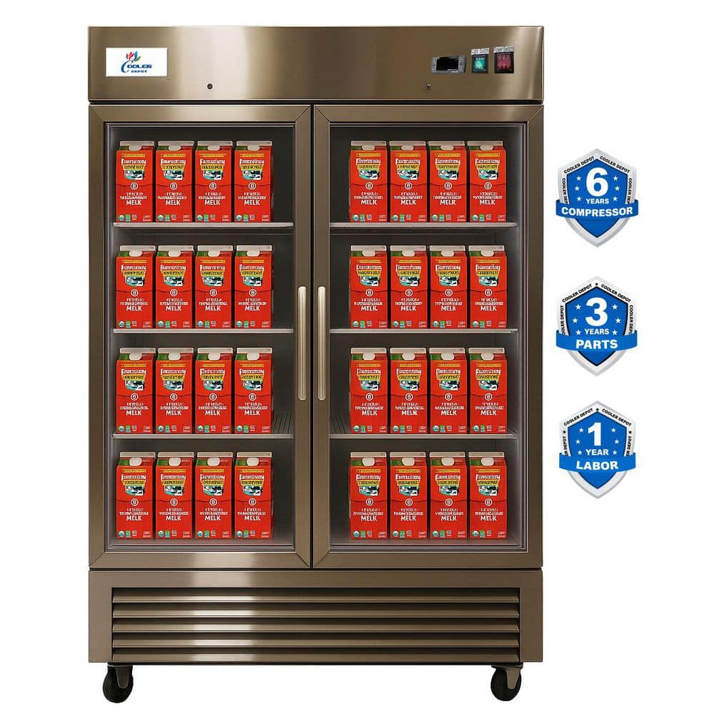 Cooler Depot 54 in. W 47 cu.ft Two Glass Door Refrigerator Display Reach-In Upright Commercial Merchandiser in Stainless Steel
