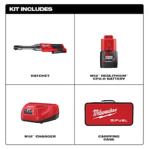 M12 FUEL 12V Lithium-Ion Brushless Cordless 1/4 in. Extended Reach Ratchet Kit with M12 2.0Ah Battery