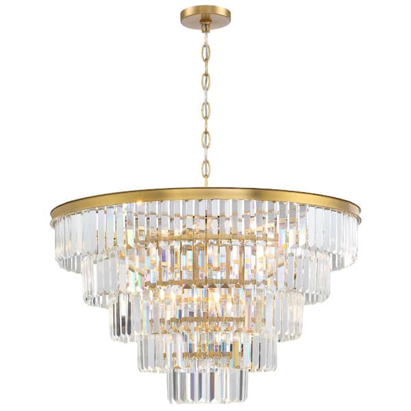 pasentel Mid Century 28 in. 9-Light Glam Gold Kitchen Island Chandelier for Dining Room Living Room with Crystal Glass Shades