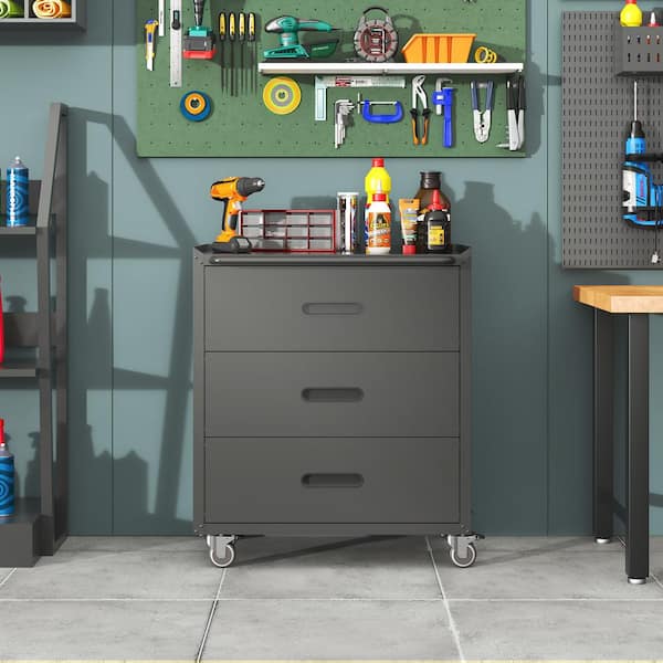 Black 35 in. H 3-Drawer Tool Cabinet for Garage with Wheels Rolling Mobile Metal Storage Cabinet Home Organizer Solution