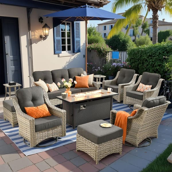 HOOOWOOO Cherry 10-Piece Wicker Outdoor Furniture Patio Fire Pit Conversation Sofa Set with Swivel Chairs and Black Cushions