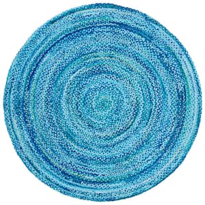 Braided Turquoise 5 ft. x 5 ft. Round Striped Solid Area Rug