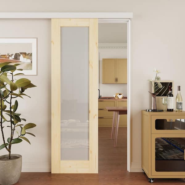 24 in. x 80 in. Hidden Track Style 1-Lite Frosted Glass Unfinished Glass Sliding Barn Door with Hardware Kit