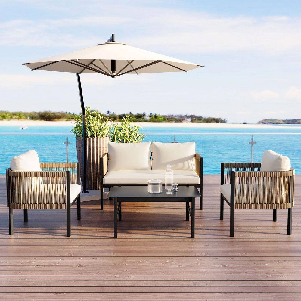 4-Piece Metal Patio Conversation Set with Beige Cushions for Garden ...