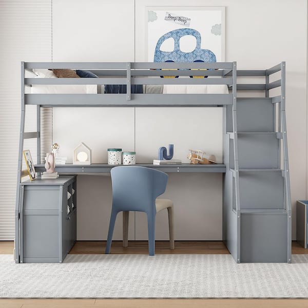 Full Size Loft Bed with 7 Drawers 2 Shelves and Desk - Gray
