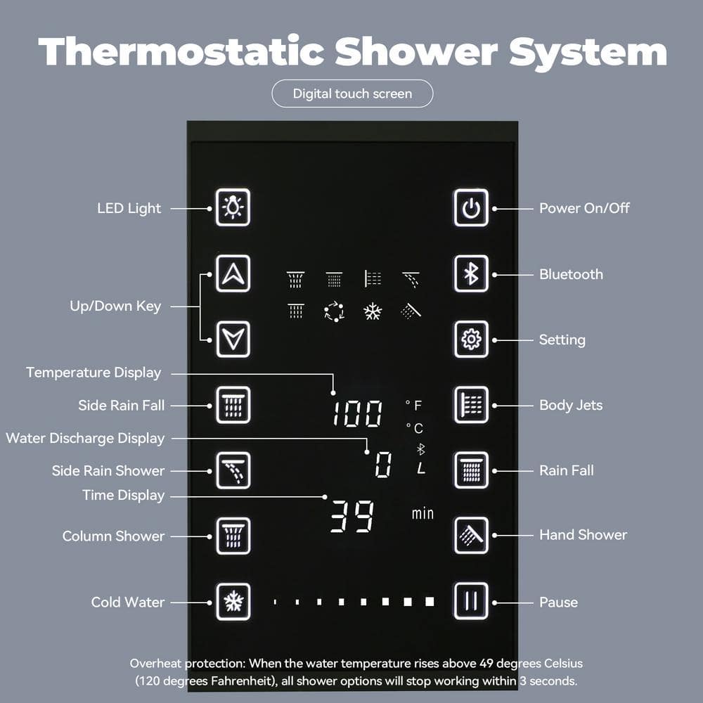 Matte Black Stainless Steel LED Bluetooth Music Rainfall Shower System