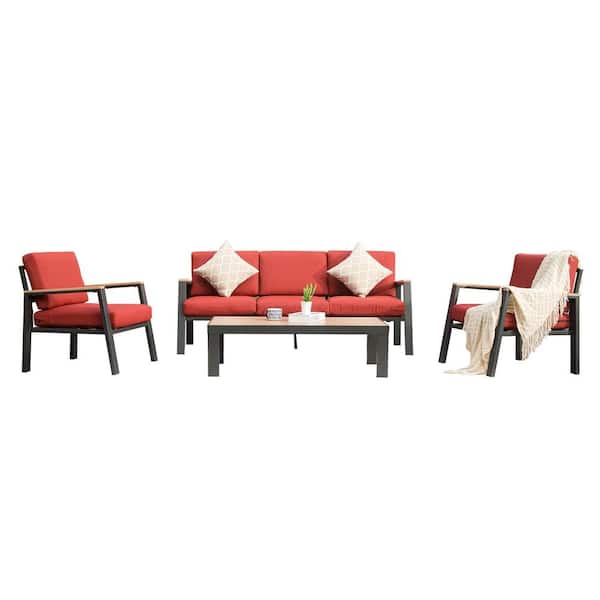 Boyel Living 4-Piece Aluminum Patio Conversation Set with Red Cushions and 2 Pillows
