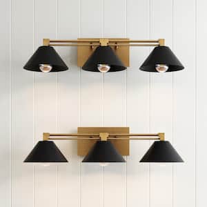 Ronnie 25 in. Industrial 3-Light Vanity Light Art Deco Wall Mounted Light Fixture for Bathroom Brass/Black (2-Set)