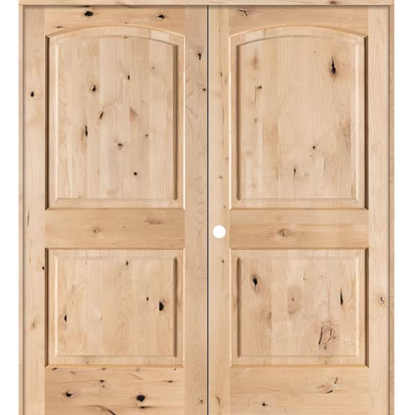 Krosswood Doors 56 in. x 80 in. Rustic Knotty Alder 2-Panel Arch Top Right Handed Solid Core Wood Double Prehung Interior French Door