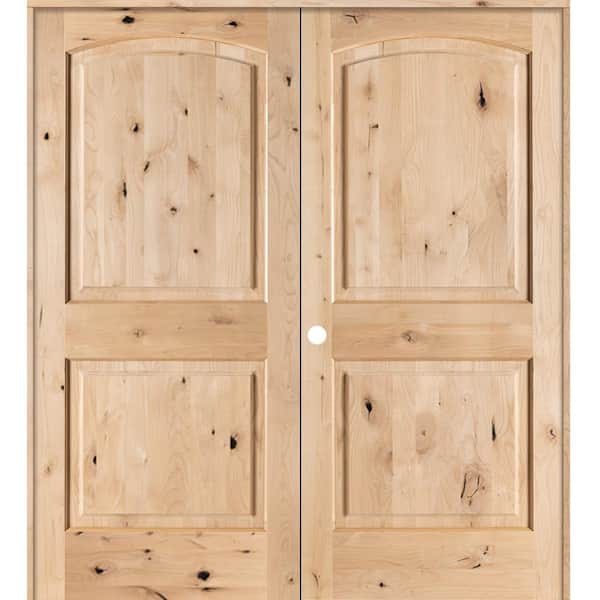Krosswood Doors 64 in. x 80 in. Rustic Knotty Alder 2-Panel Arch Top Right Handed Solid Core Wood Double Prehung Interior French Door
