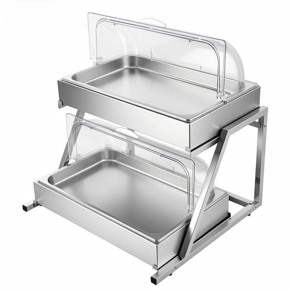 Countertop Food Serving Display Container, 2 Tier Stainless Steel Food Salad Server Tray, Ice Cooled Rack with Cover