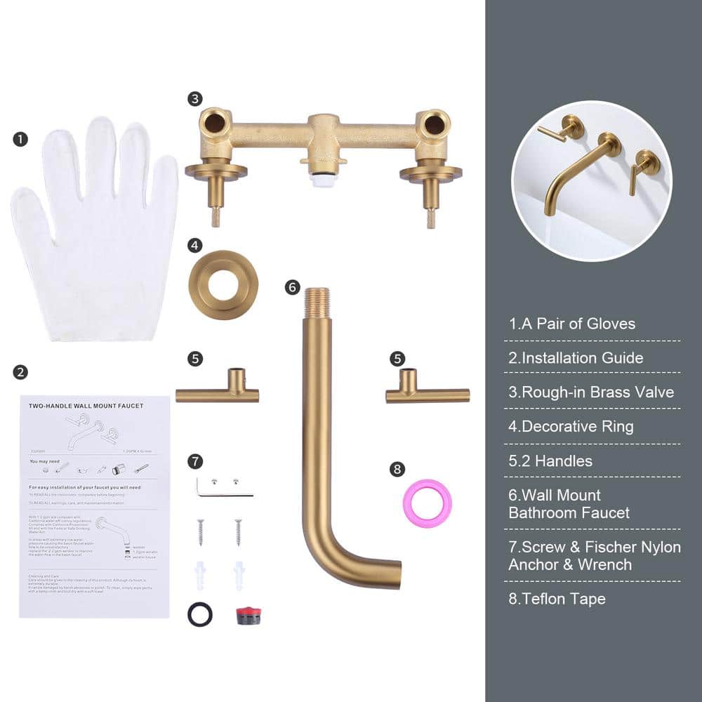 Brushed Gold Wall Mounted Double Handle Brass Faucet