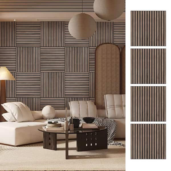0.7 in. x 2 ft. x 2 ft. Natural Wood Slat Acoustic Panels, Brown MDF Decorative Wall Paneling Set of 4 (15.5 sq. ft.)