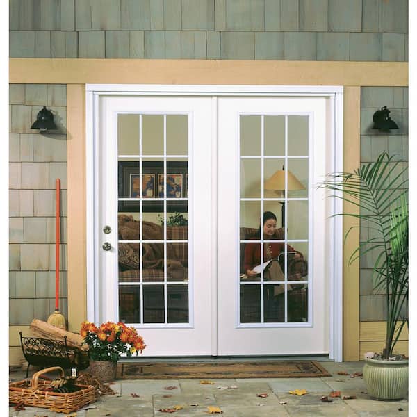 75 in. x 81.75 in. Primed Fiberglass Prehung Right Hand Grilles Between Clear Glass 15-Lite Hinged Patio Door w/ Screen
