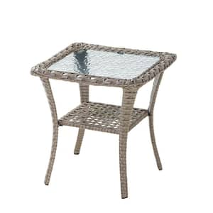 Gray Square Wicker Outdoor Side Table with Tempered Glass Top and Storage Space