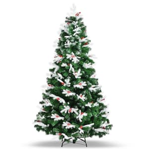 7 ft. Green Unlit Snowy Christmas Tree with Mixed Tips and Red Berries