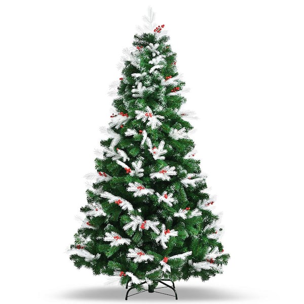 ANGELES HOME 7 ft. Green Unlit Snowy Christmas Tree with Mixed Tips and Red Berries