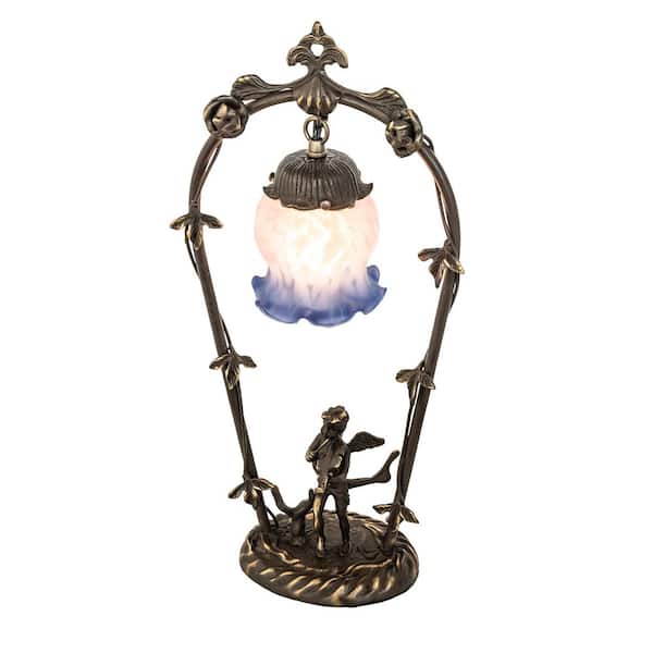 Pond Lily 19 in. Mahogany Bronze Novelty Victorian Cherub with Violin Table Lamp with Pink and Blue Glass Shade