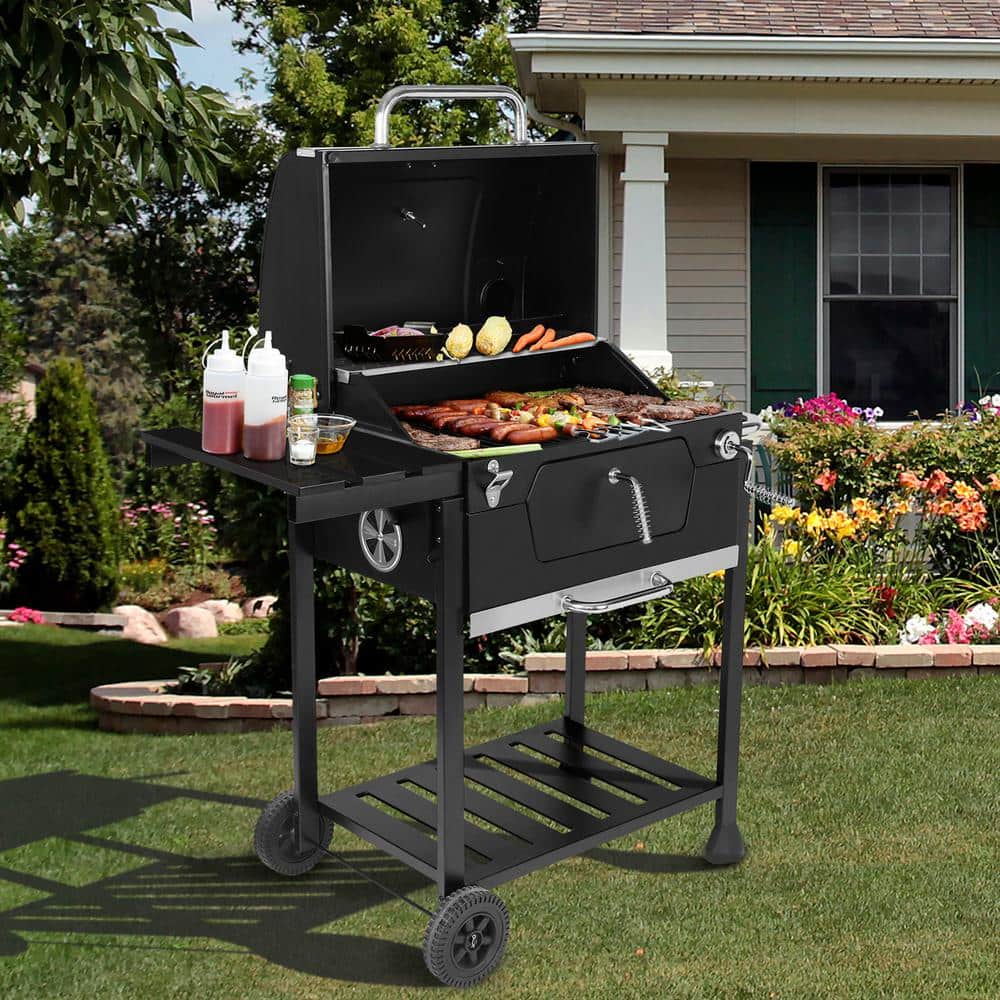 Royal Gourmet 24-Inch Black Barrel Charcoal Grill with Side Table