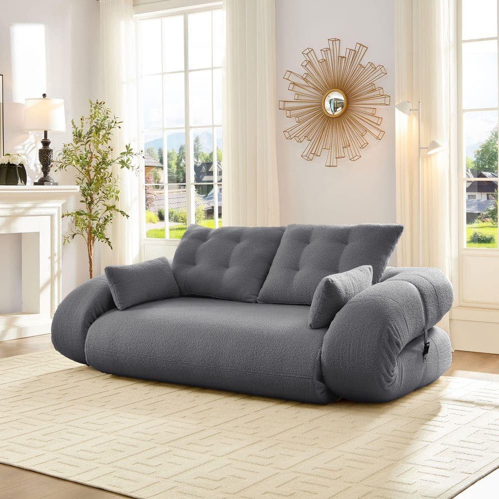 Grey 78.7 in. Multi-Functional 3-in-1 Teddy Polyester Fabric Foam-Filled Fu