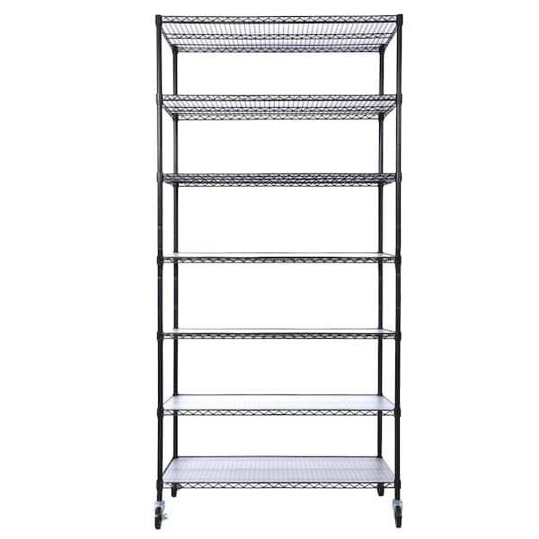 7 Tier Metal Black Heavy Duty Adjustable Storage Rack, 81.5" H x 48" L x 18" D, With Wheels and Shelf Liners
