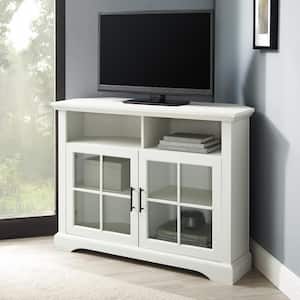 44 in. Brushed White Wood and Glass Traditional Window Pane 2-Door Tall Corner TV Stand Fits TVs up to 50 in.