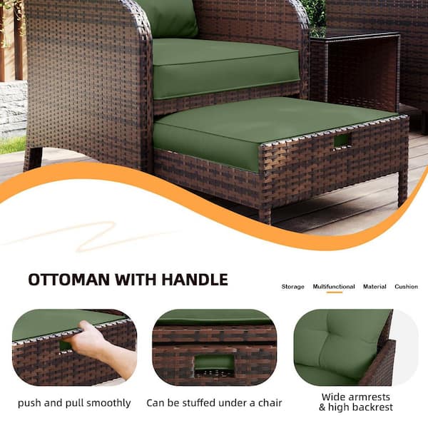 5-Piece Wicker Patio Conversation Set, Outdoor Chairs with Dark green Cushions, Coffee Table and Ottomans