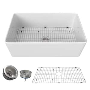 36 in. Farmhouse Single Bowl White Fireclay Kitchen Sink with Sink Grid and Basket Strainer