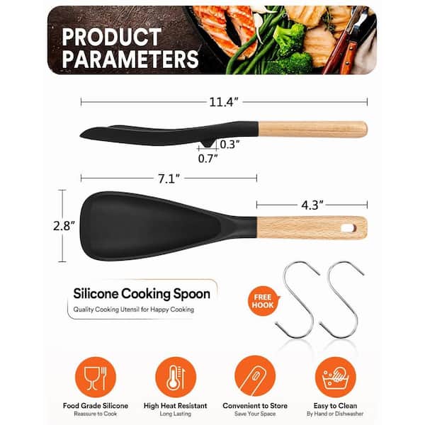 11.4 in. Nonstick Silicone Cooking Spoon for Cooking, Serving, Mixing, Scooping and Scraping, Black & Grey (2-Pack)